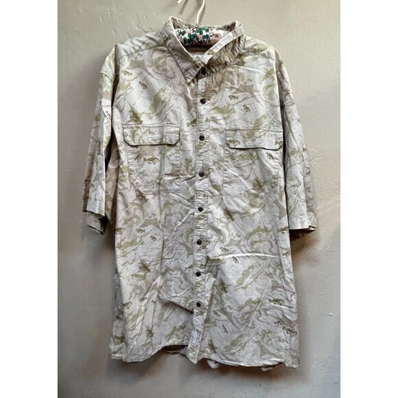 Cabela's Mens 3XL Vented Back Bass Fish Print Short Sleeve Button Down Shirt Tan - Picture 1 of 9